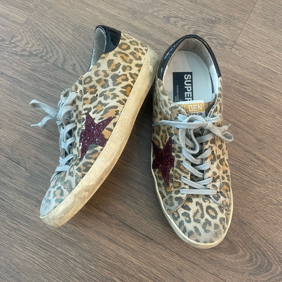 GOLDEN GOOSE SUPERSTAR SNEAKERS LEOPARD SUEDE & RED GLITTER STAR - Picture 2 of 14